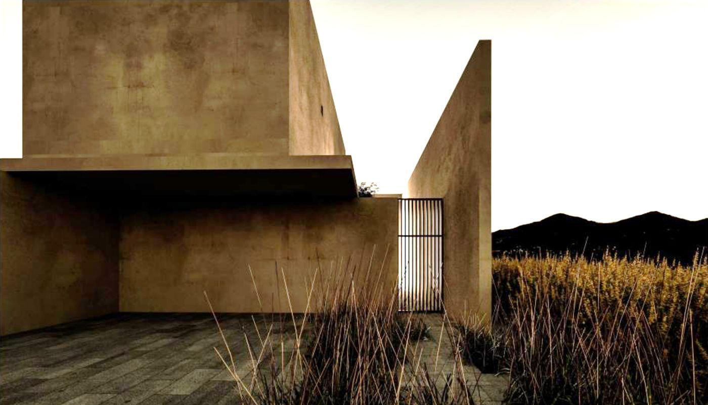 Render exterior de casa residencial, muros de concreto aparente al atardecer
