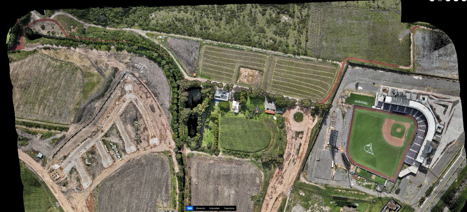 Ortomosaico en planta de un desarrollo campestre en Huimilpan, procesado en DJI Terra
